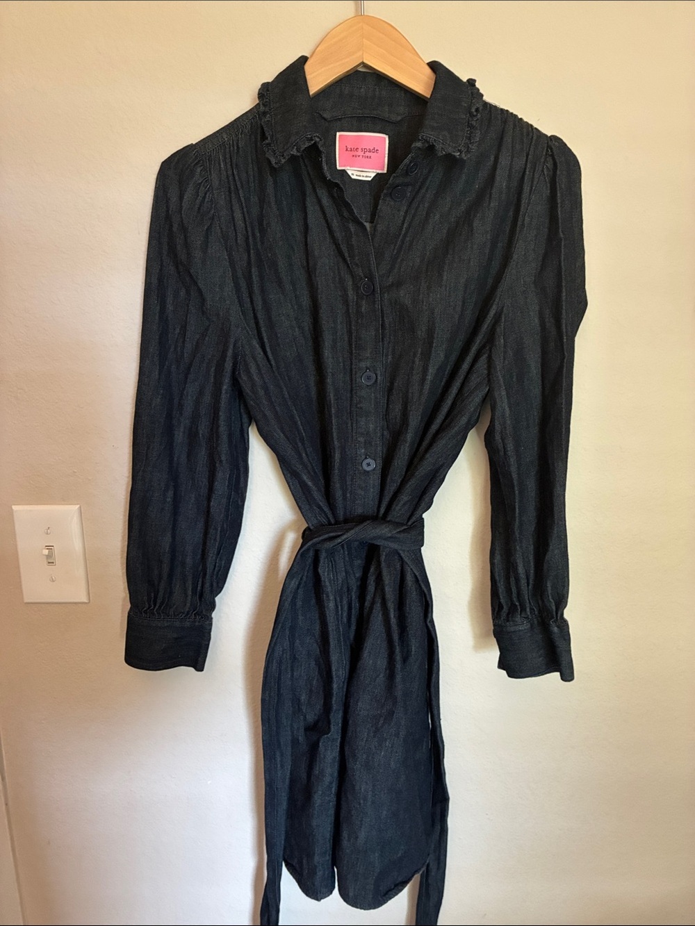 Kate Spade Dark Wash Denim Chambray Shirtdress Fringe Collar Belted size M